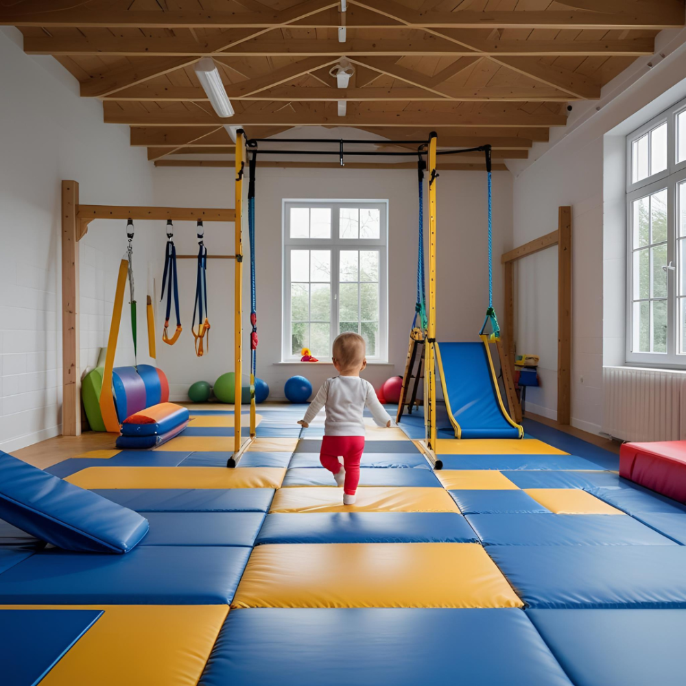 Kleinkind in einer Turnhalle (KI generiert)